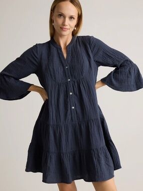 100% ORGANIC COTTON GAUZE LONG SLEEVE TIERED MINI DRESS